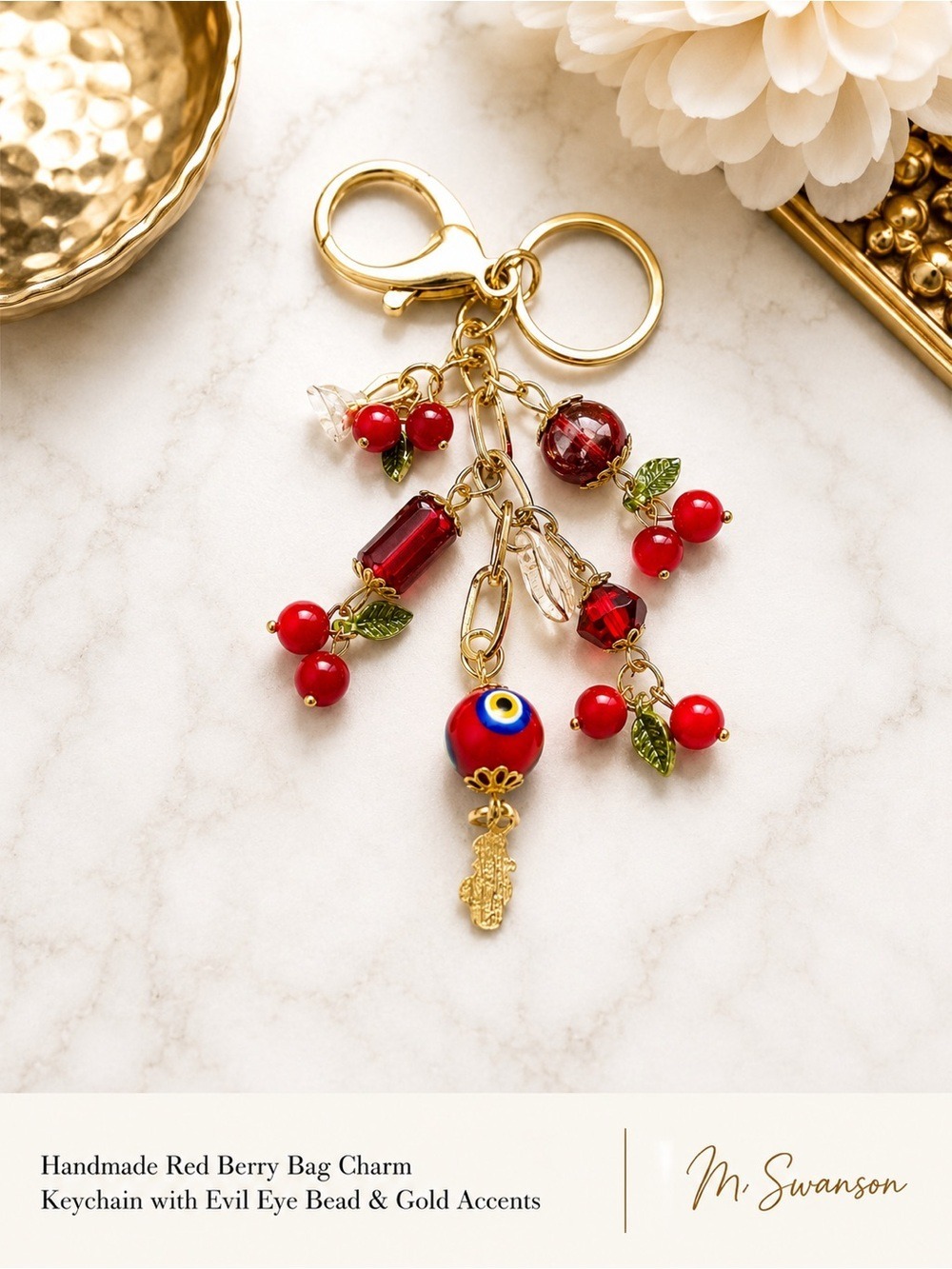 NEW Handmade Red Berry Evil Eye Bag Charm Keychain with Gold Accents (#4)